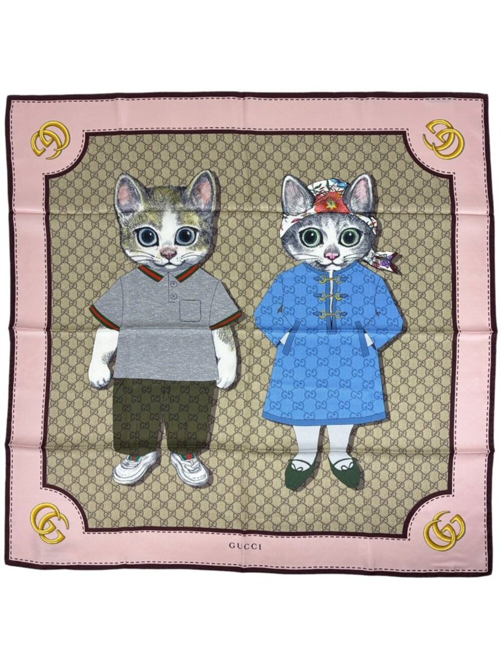 Gucci Scarf GG Pattern Yuko Higuchi Silk Pink Beige Multicolor
